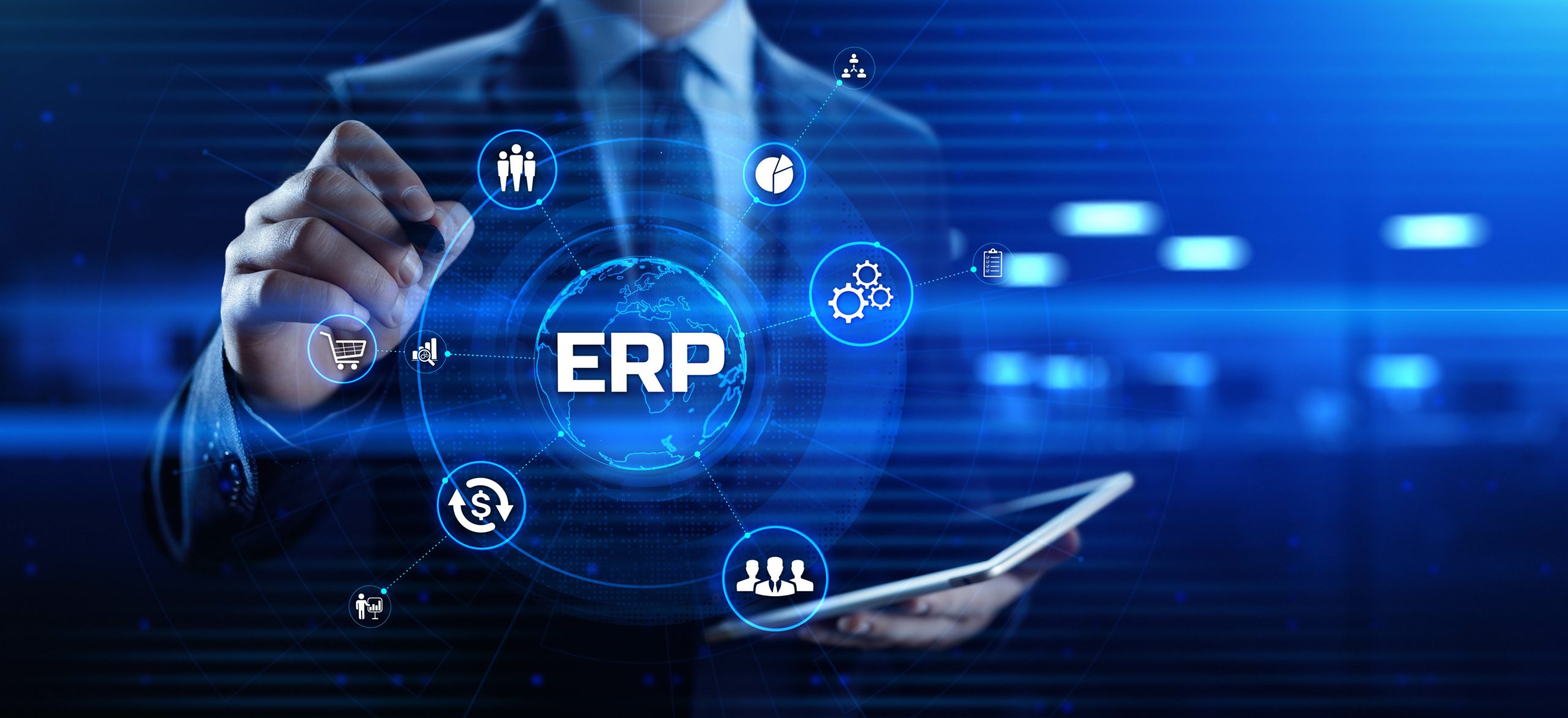 ERP Enterprise Resources planning software system business technology concept.